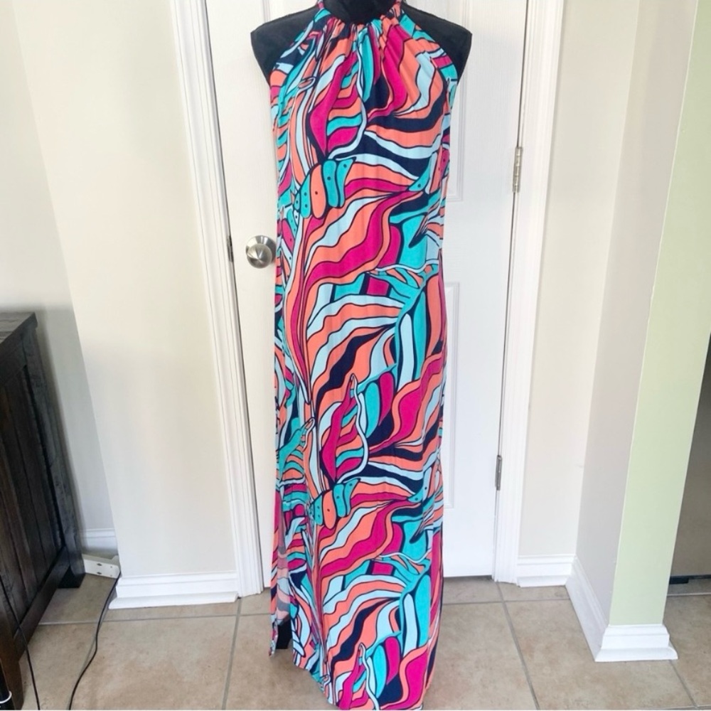 Escapada Living Alice Halter Maxi Dress NEW with Tags Coral Aqua Blue Pink XS